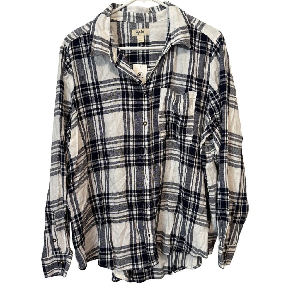 Style & Co Womens Navy White Plaid Button-Down Shirt 2X Long Sleeve Cotton Blend